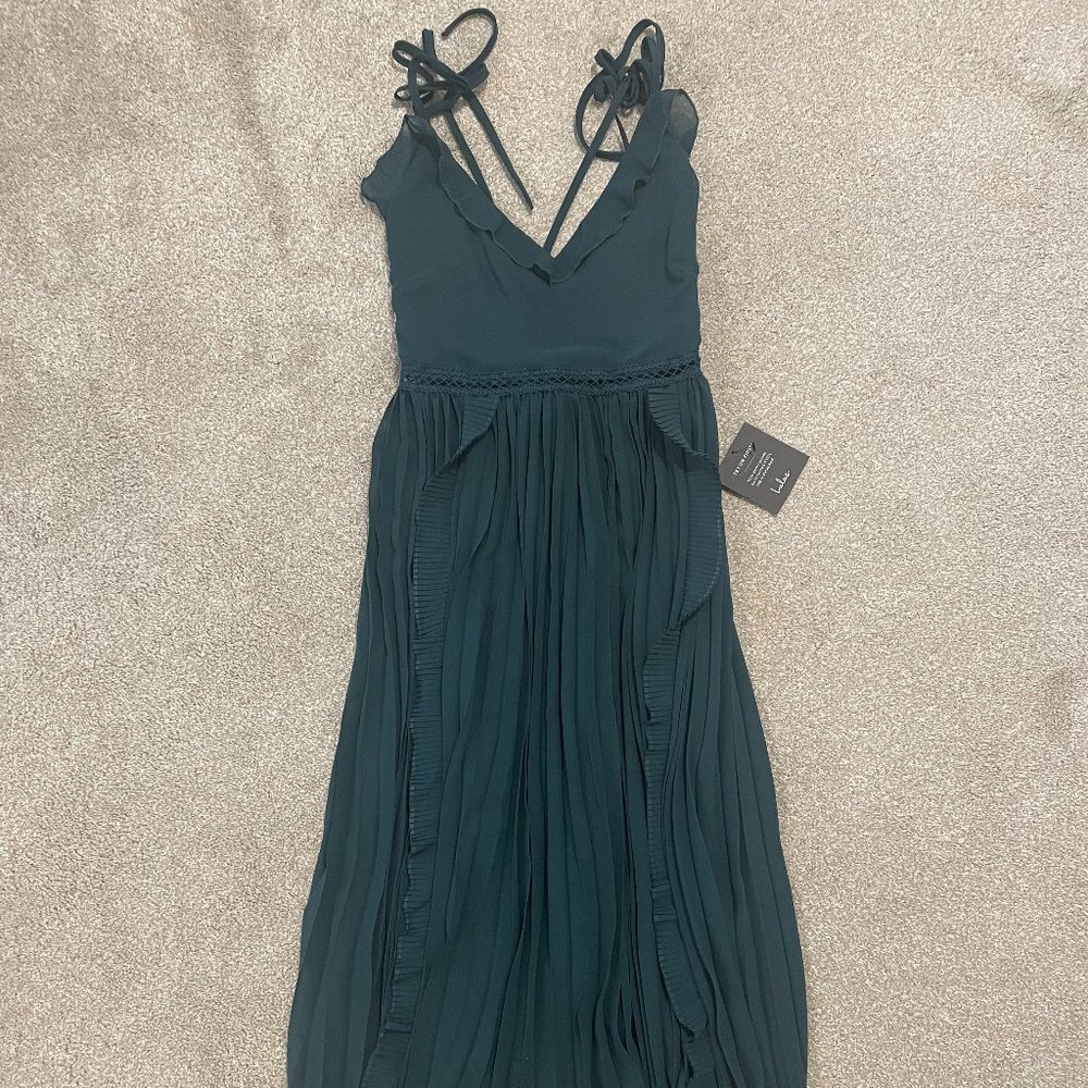 Emerald Green Tie Strap Pleated Midi Dress